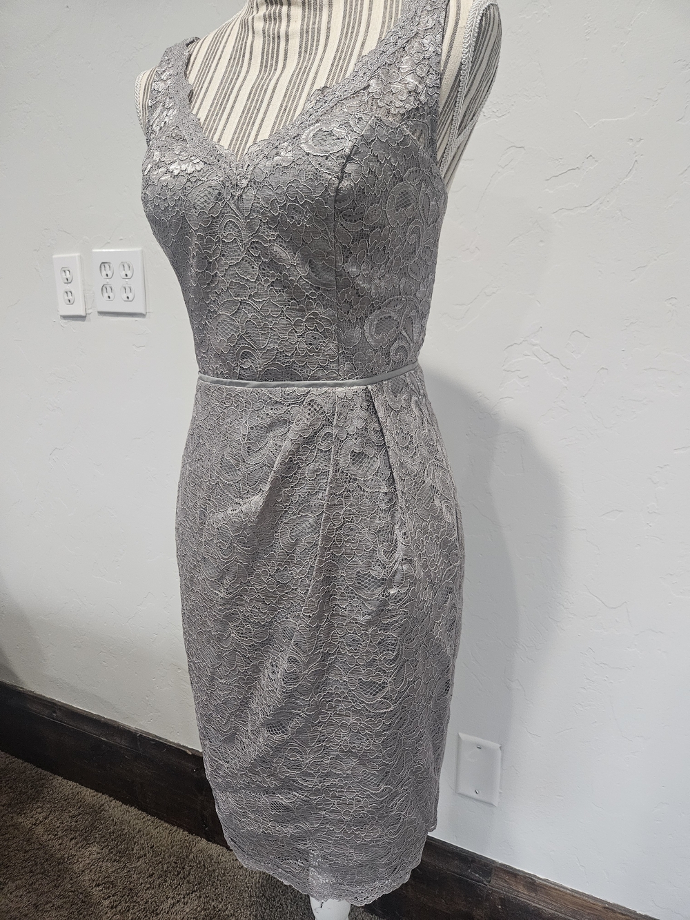David's Bridal Silver Lace V-Neck Sheath Midi Dress